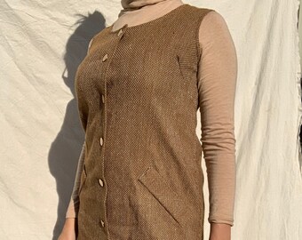 Vintage Tweed Pinafore / Button Front Romper / 1960's Mod Mini Dress / Brown Tweed Jumper / Vintage Dress