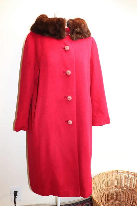 Mod Style Red Cashmere Coat with Mink Collar /  10