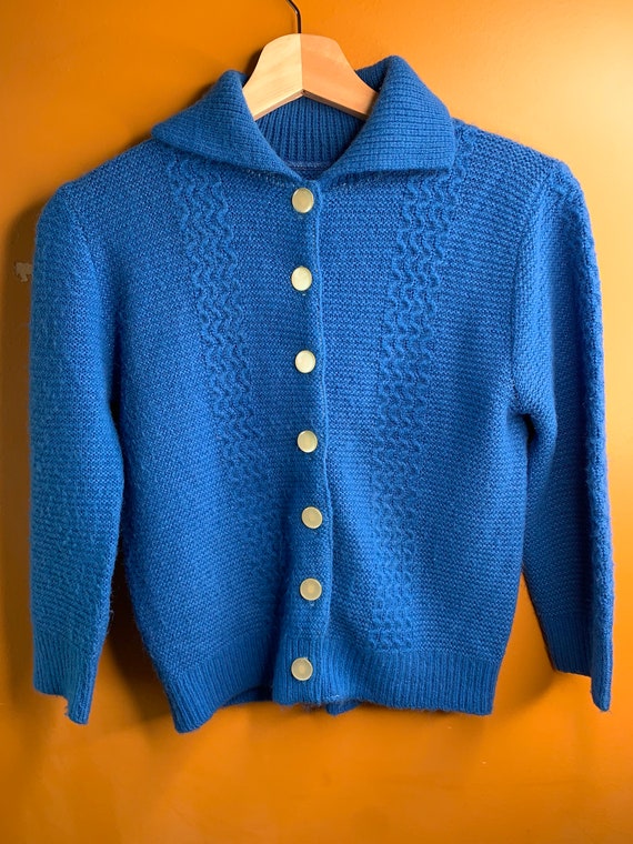 Blue Button Up Cardigan with Collar / Vintage Han… - image 3