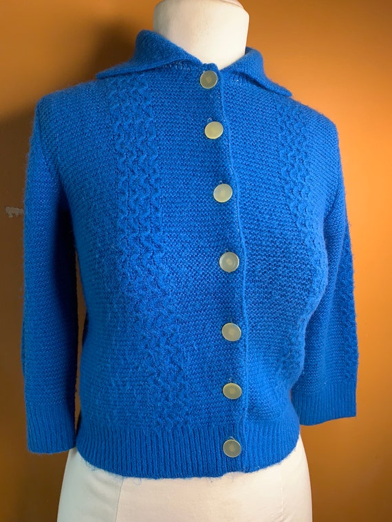 Blue Button Up Cardigan with Collar / Vintage Han… - image 6