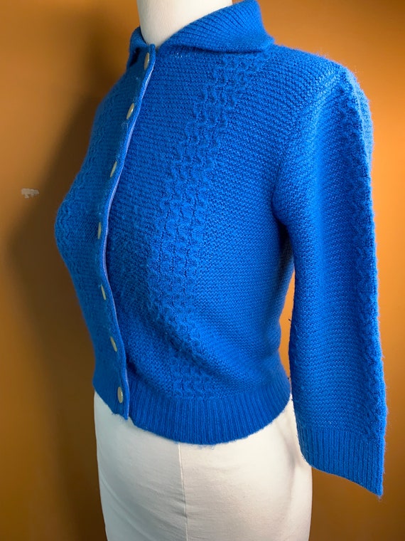 Blue Button Up Cardigan with Collar / Vintage Han… - image 7