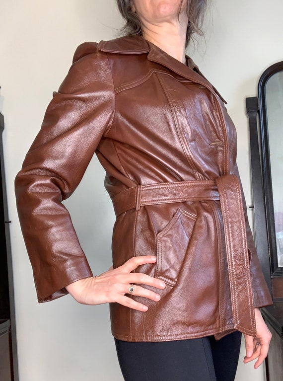 Brown Pleather Jacket with Belt / Faux Lather / … - image 4