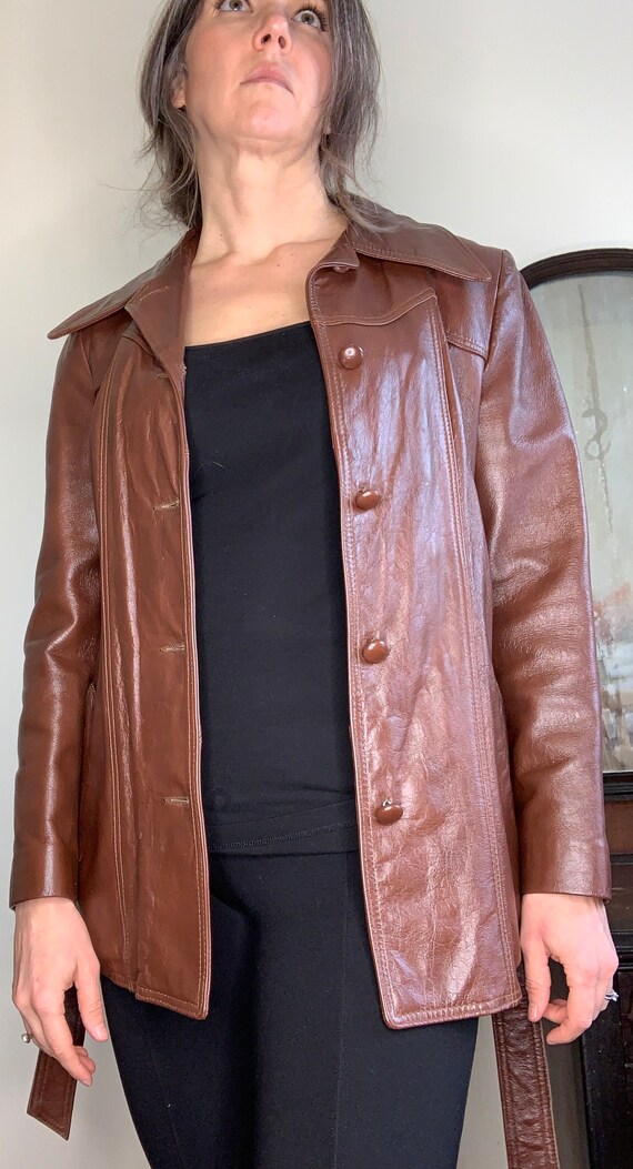 Brown Pleather Jacket with Belt  / Faux Lather / … - image 3