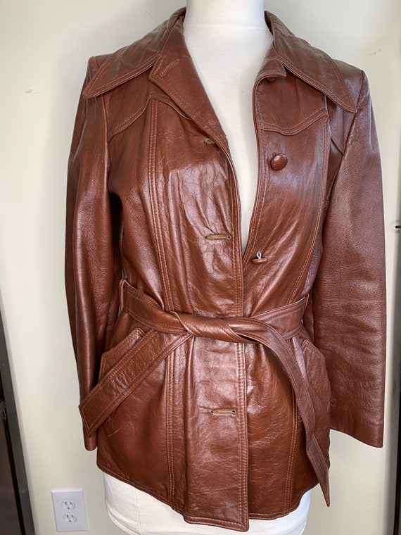 Brown Pleather Jacket with Belt / Faux Lather / … - image 5