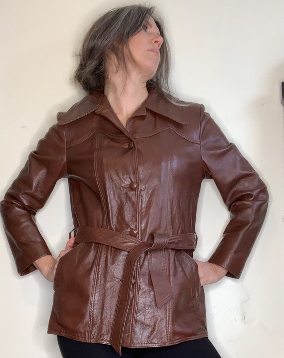 Brown Pleather Jacket with Belt  / Faux Lather / … - image 1