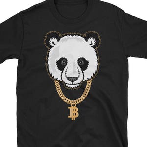 May include: Black t-shirt with a graphic of a panda wearing a gold chain with a bitcoin pendant.