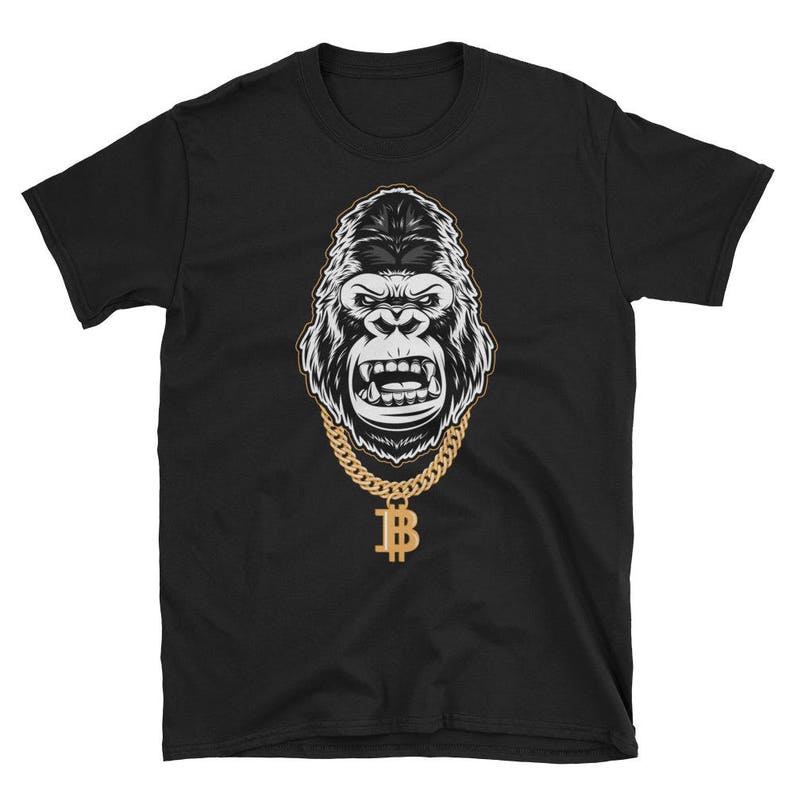 May include: Black t-shirt with a graphic of a gorilla wearing a gold chain with a bitcoin pendant.