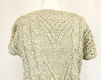 Knit Leather Top, Vintage 1970s, Women's Size Large, Woven Leather Shirt, Hand Knit, Cableknit Blouse, Short Sleeve, Hippie Boho