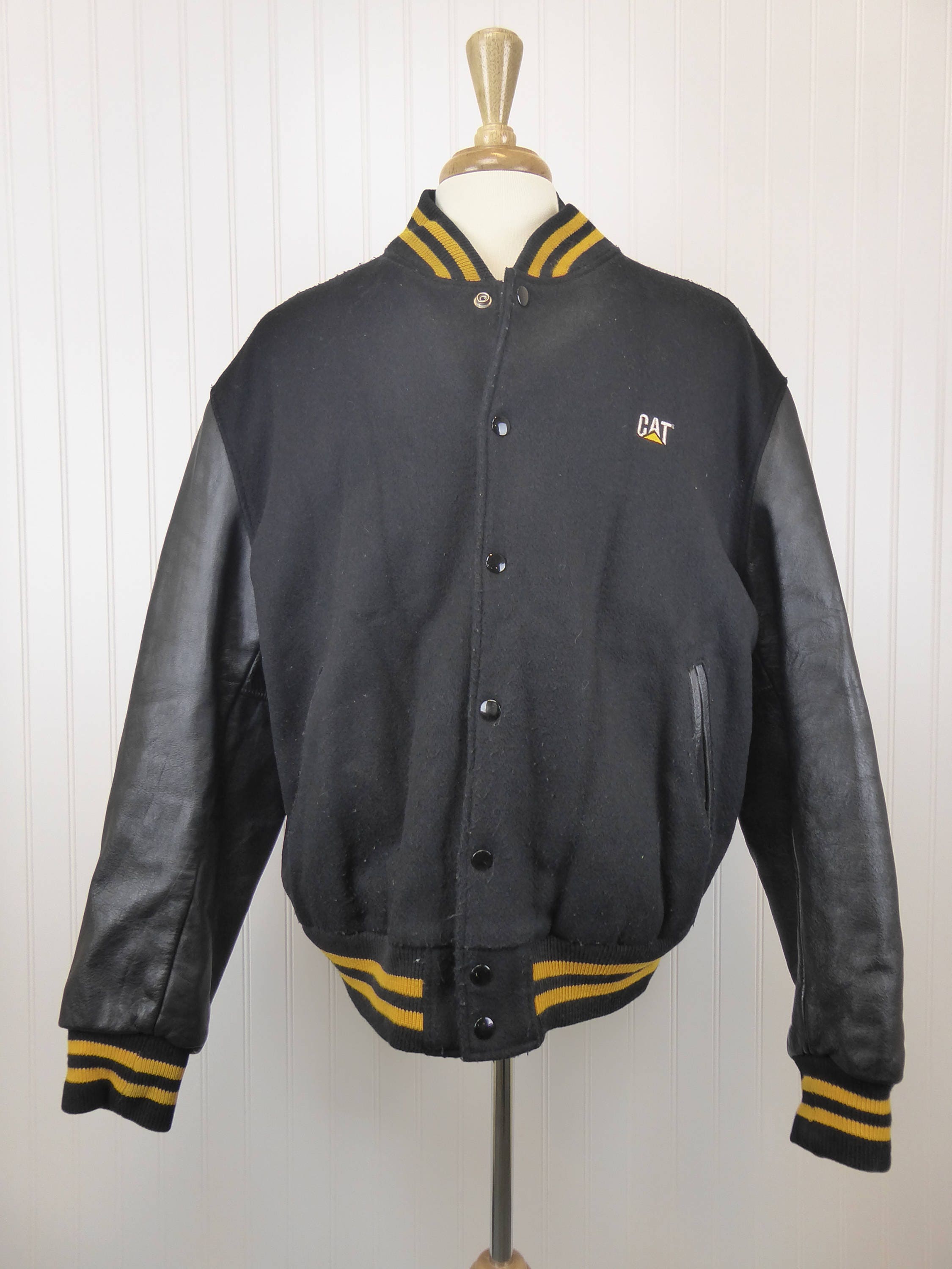 90s Cat Black Yellow Leather Sleeve Letterman Jacket By Golden Etsy