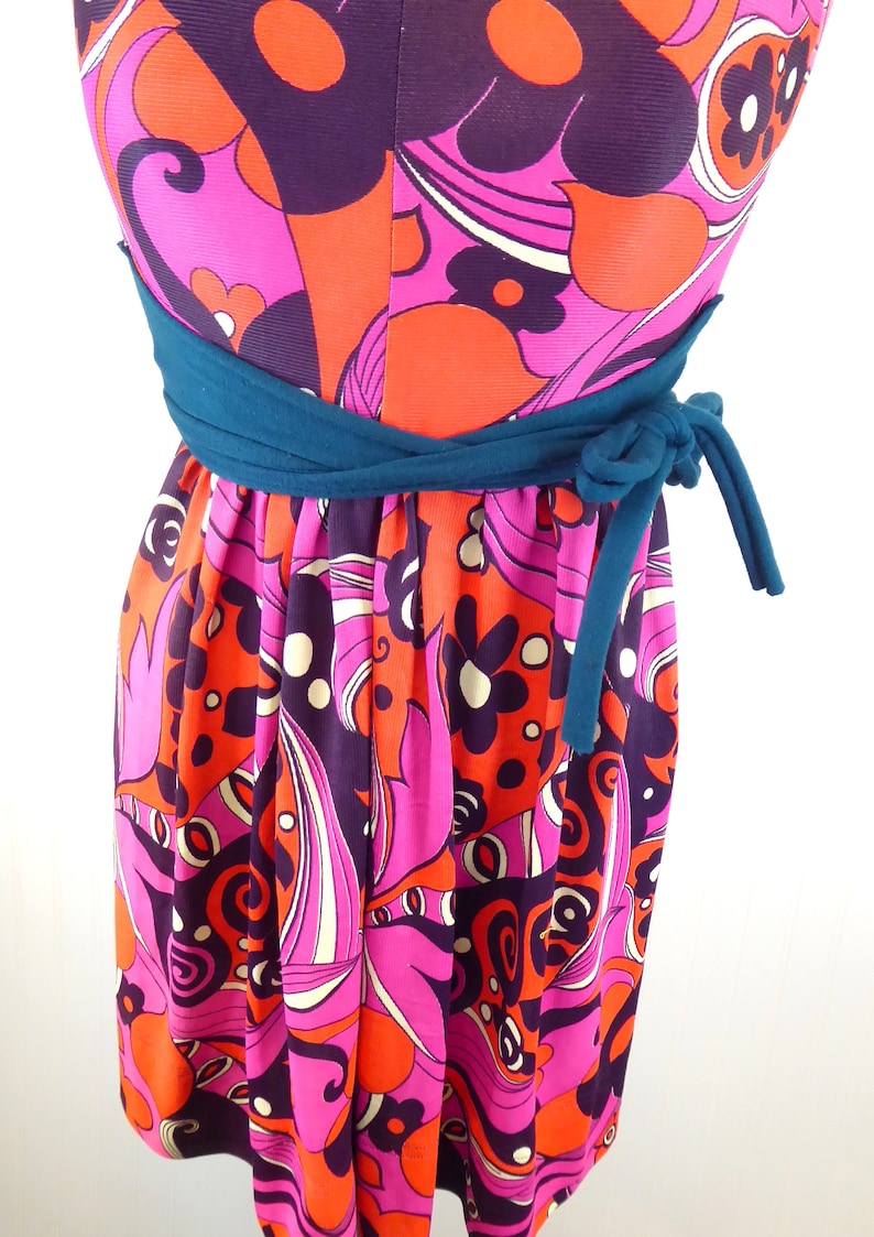 Flower Power Psychedelic Halter Dress Tie Waist Gogo Dress Bright Colors Mod 1960s Colorblock Hippie Boho Mini Dress Floral Sundress