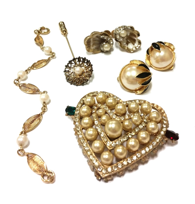 Gold Filled Bracelet Wear Repair Repurpose Costume Jewelry Collection Heart Brooch Wiesner Sterling Stick Pin Retro Pearl Jewelry Lot