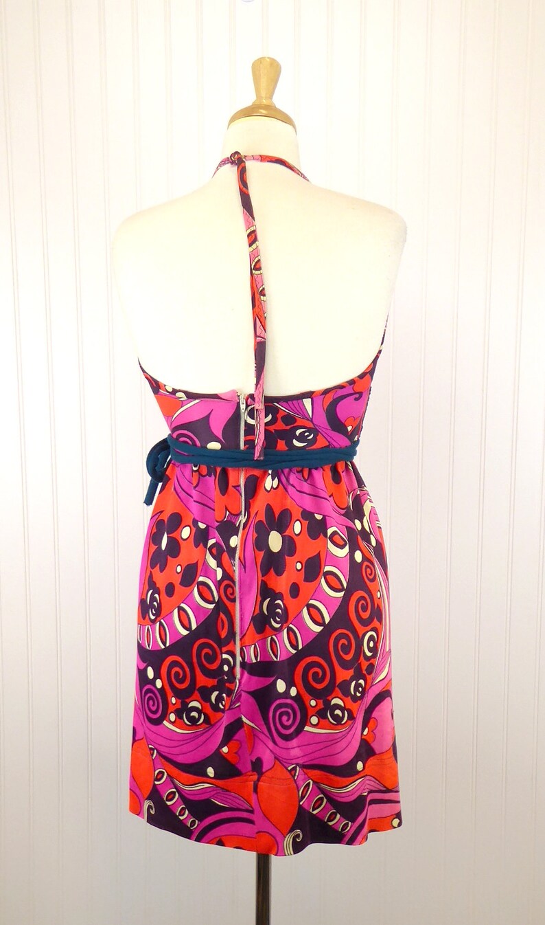 Flower Power Psychedelic Halter Dress Tie Waist Gogo Dress Bright Colors Mod 1960s Colorblock Hippie Boho Mini Dress Floral Sundress