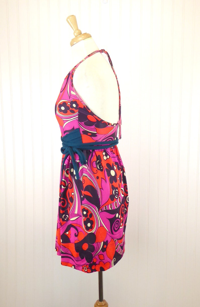 Flower Power Psychedelic Halter Dress Tie Waist Gogo Dress Bright Colors Mod 1960s Colorblock Hippie Boho Mini Dress Floral Sundress