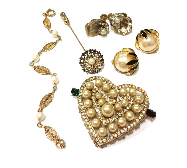 Gold Filled Bracelet Wear Repair Repurpose Costume Jewelry Collection Heart Brooch Wiesner Sterling Stick Pin Retro Pearl Jewelry Lot