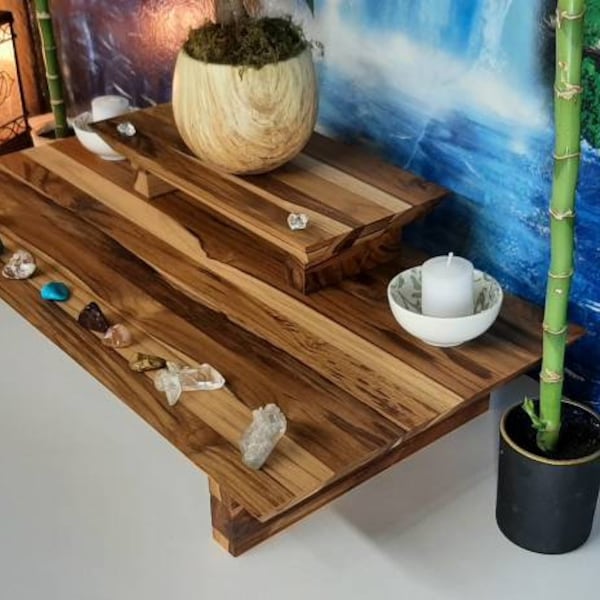 Teak Wood Altar Table: Small Space Crystal Display Shelf