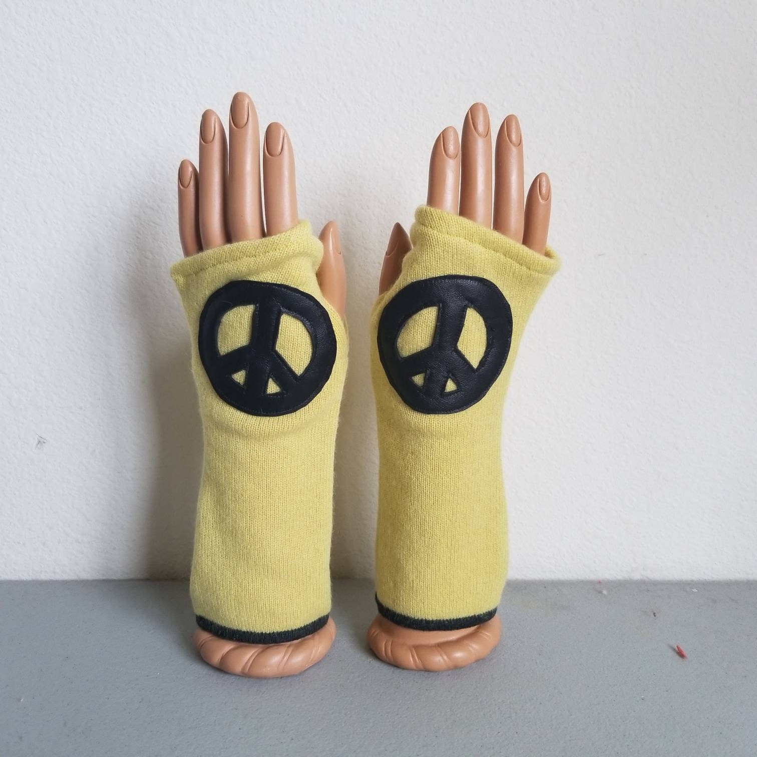 Peace Sign Fingerless Gloves in Chartreuse Cashmere with Black Etsy