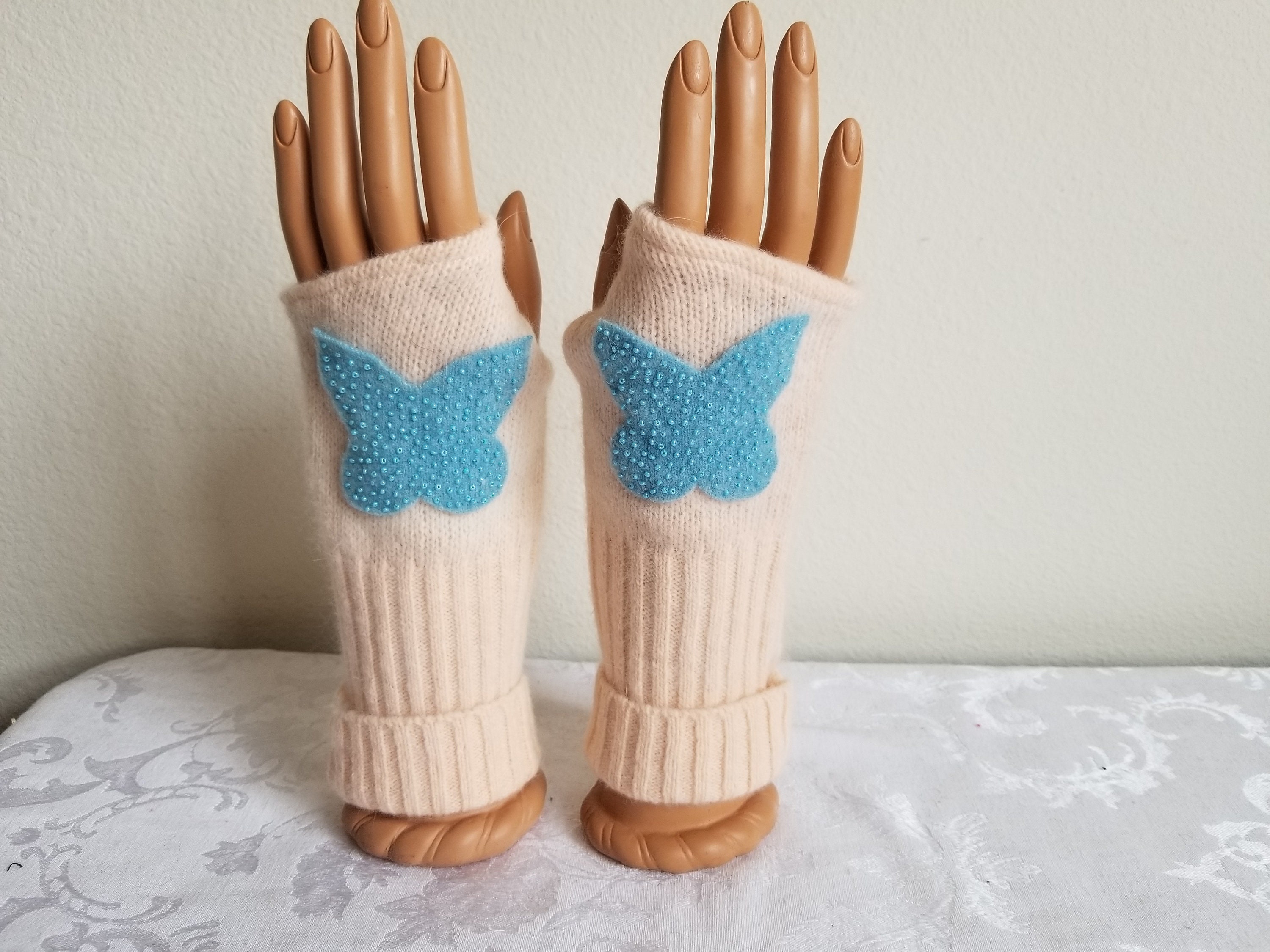 Beaded Butterfly Fingerless Gloves with Folded Cuff in Pale Etsy
