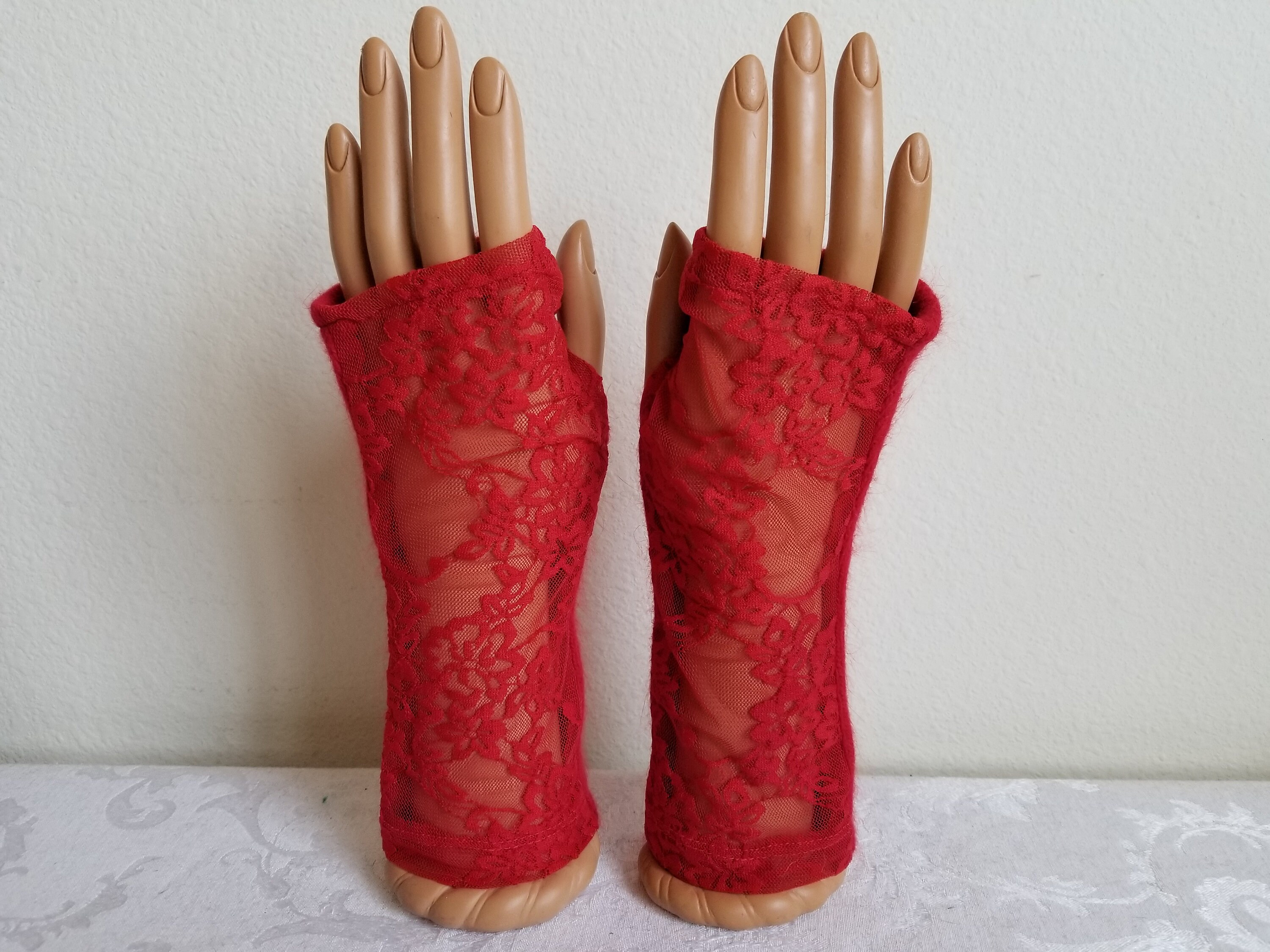 Red Lace Fingerless Gloves with Sheer Front and Solid Etsy
