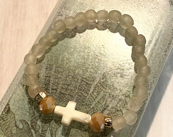 White Cross on Sea Glass Bracelet
