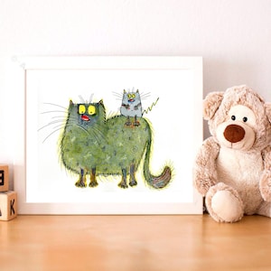 Cat mom nursery wall art, Funny cat handmade watercolor, Animal art for cat lover,kids room decor,gift for mom.