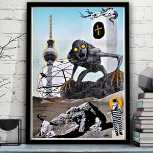 Dead space mixed media art, Surrealism cosmic original art, Wall art mystic horror decor.