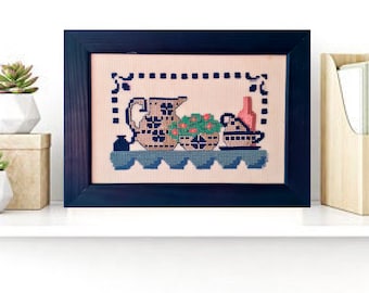 Kitchen and dining embroidery wall art, Cross stitch shelf decor, Modern cross stitch kitchen art.