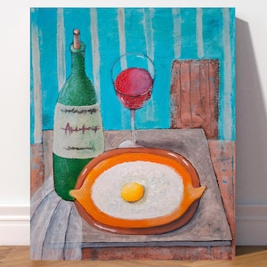Küche Wand Kunst moderne Stillleben mit Rotwein, Original Acrylbild auf Leinwand, Glas Rotwein für Bar Dekor, grüne Flasche Kunst.