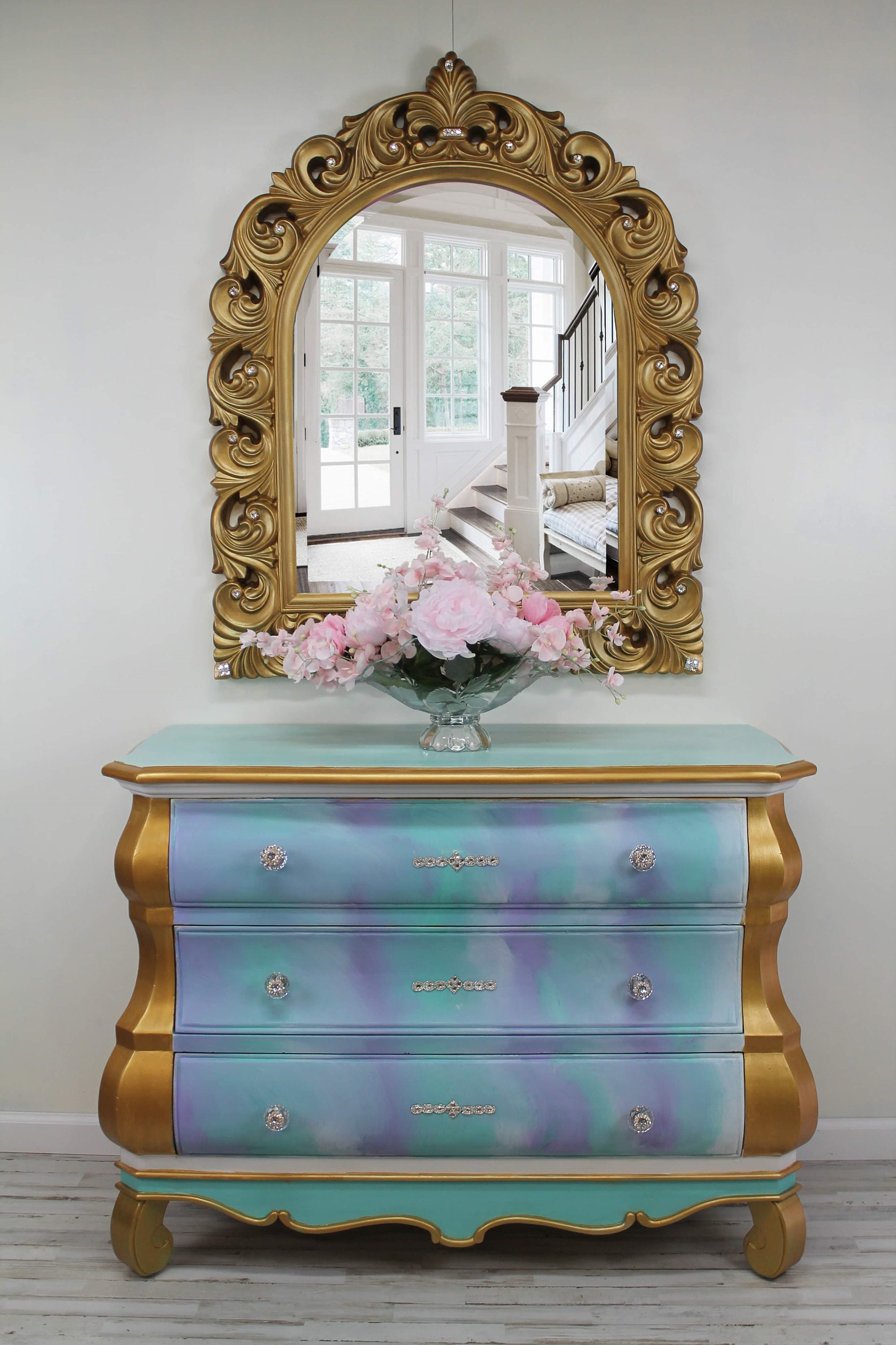 Blue Bombe Dresser and Mirror, Formal Living Furniture, Handpainted