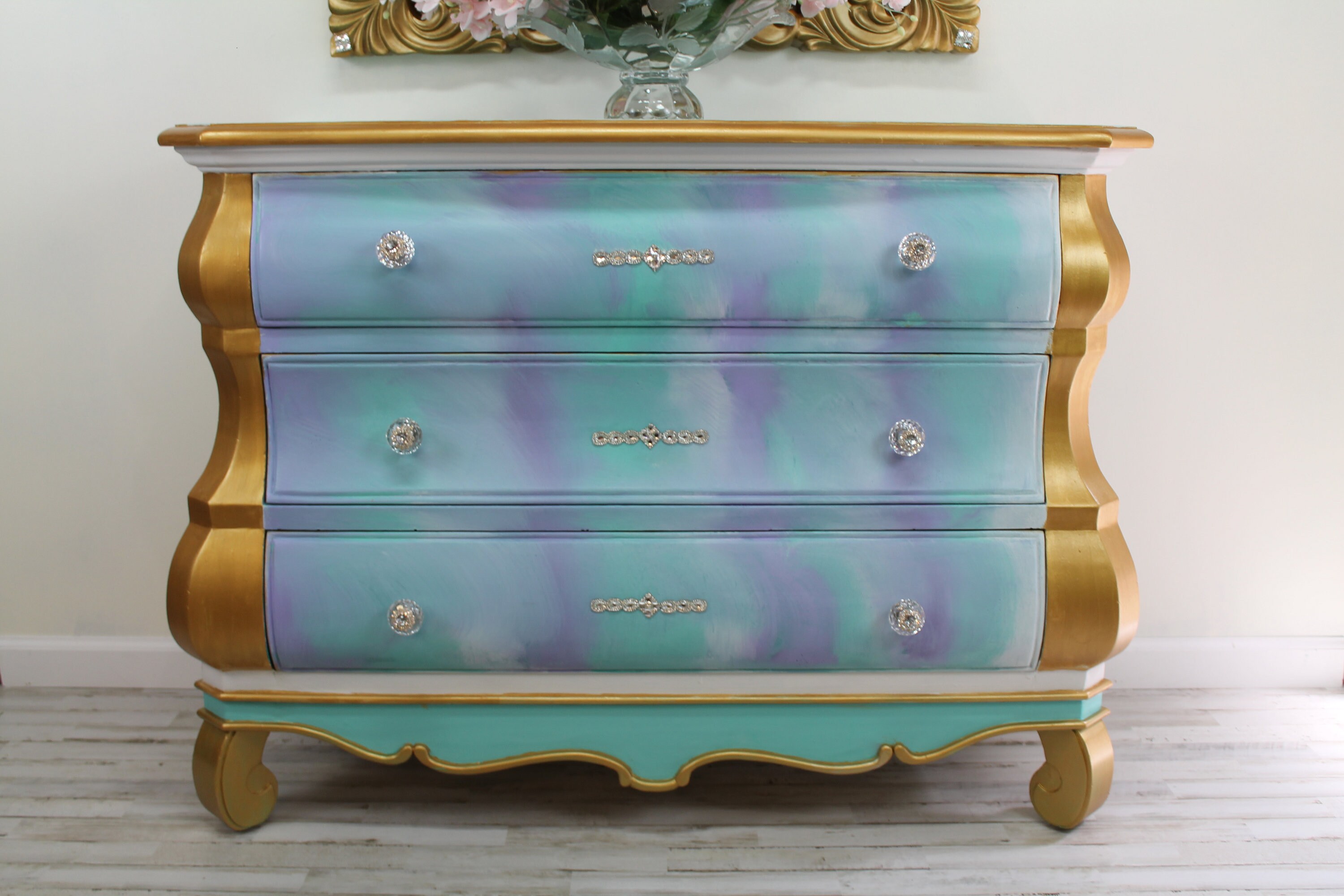 Blue Bombe Dresser and Mirror, Formal Living Furniture, Handpainted