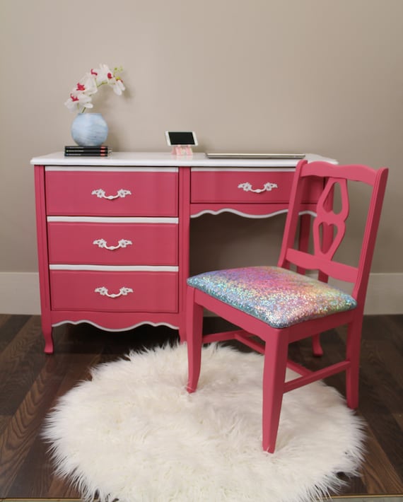 Pink French Provincial Desk with Chair