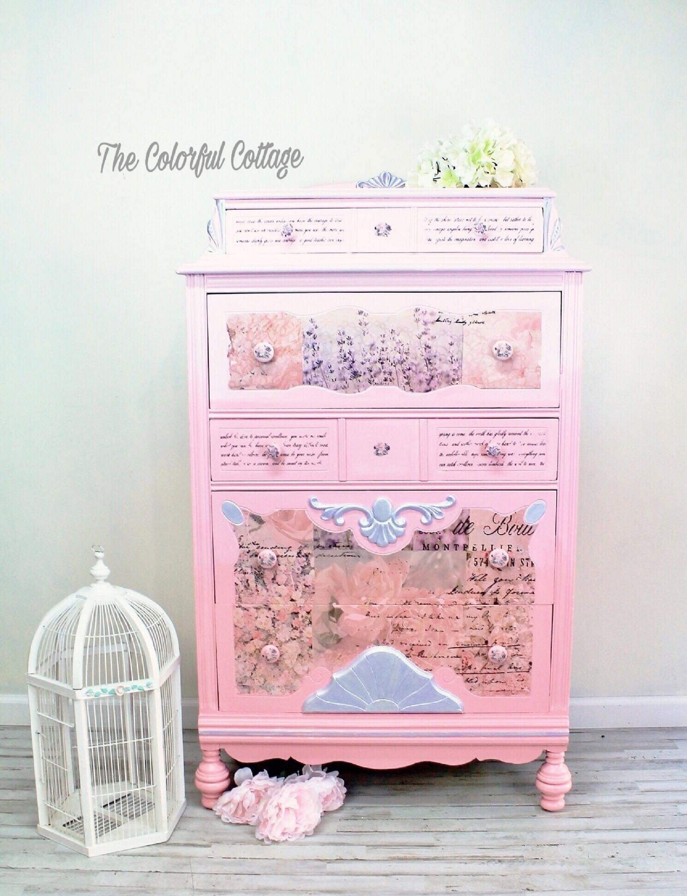 Pink Floral Painted Highboy Dresser Chest Of Drawers