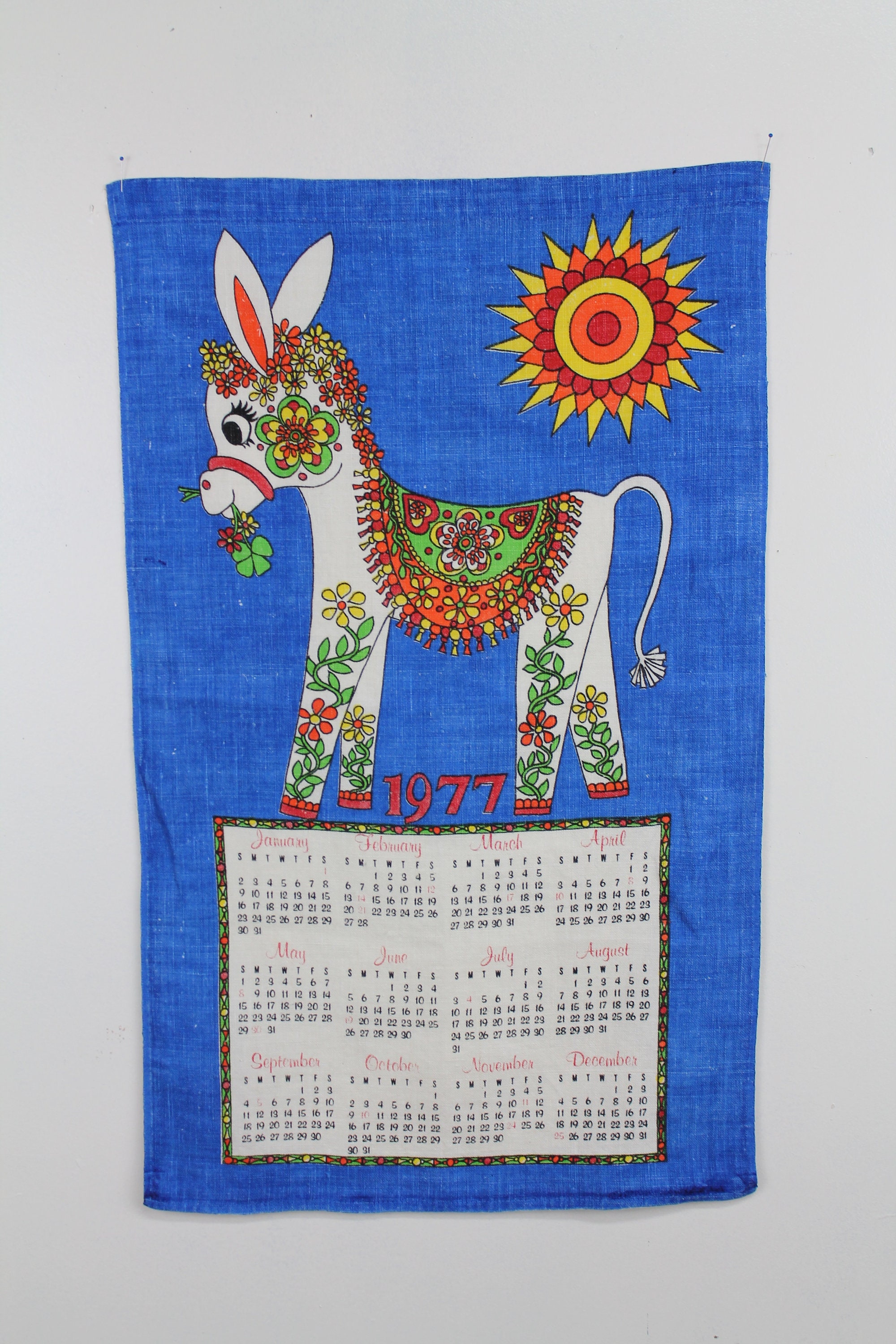 1977 Calendar Towel, Burro Towel, Mexican Towel, 70s Linen Calendar, 1975  Donkey Calendar, Vintage Linen, Birth Year Gift, Vintage Kitchen