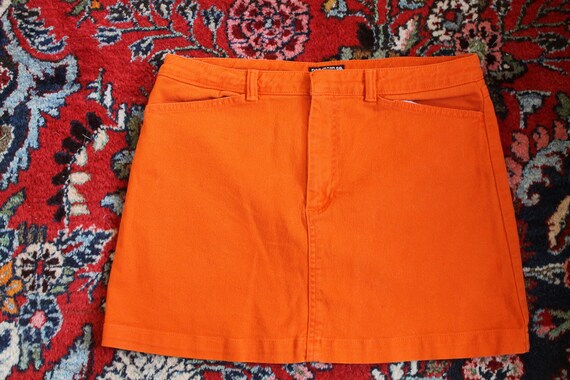 orange denim mini skirt