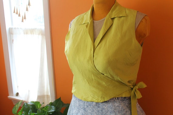 Vintage 1990s Chartreuse Silk Collared Wrap Top (L