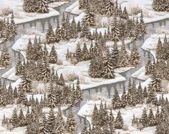 Snowy Brook Scenic Taupe w/Metallic SRKM21578160 Winter Snowy Trees Robert Kaufman Fabric by the yard or choose length