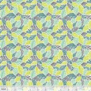 May include: A white fabric with a repeating pattern of blue, green, and yellow leaves. The leaves are stylized and have a geometric design.
