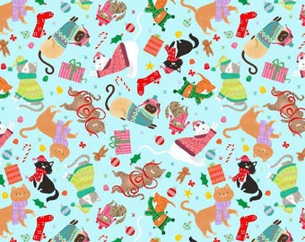 May include: A light blue fabric pattern featuring various cats wearing winter sweaters, scarves, and hats, interspersed with red stockings, wrapped gift boxes, candy canes, gingerbread cookies, and small colorful Christmas ornaments.