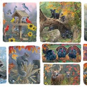 May include: A set of nine decorative tiles featuring various woodland animals and scenes. The tiles depict a raccoon family, a squirrel, a deer, a bear family, a group of turkeys, a bird feeder with birds, and a group of birds in a tree. The tiles are made of a natural stone material and have a rustic, earthy look.