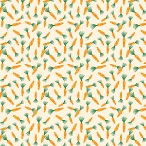 May include: A seamless pattern featuring a repeating design of orange carrots with green leafy tops on a light yellow background.
