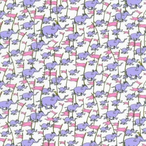 May include: A repeating pattern of purple elephants with pink flags on white background.