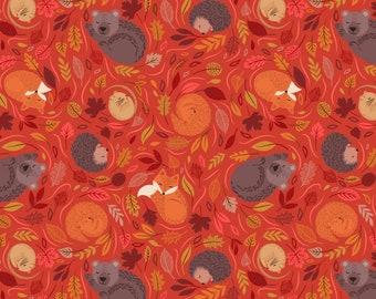 A Winter Nap- Lewis and Irene - Sleepy Friends Spiced Red Cotton Fabric by the yard or choose length