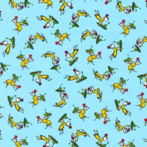 May include: A repeating pattern of yellow and green cartoon characters on a light blue background. The characters are wearing red hats and holding green plates.
