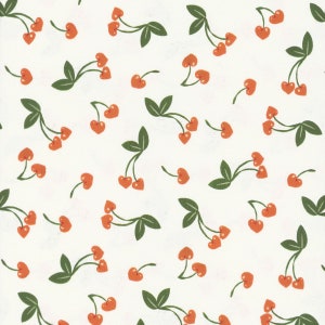 May include: A white background with a repeating pattern of orange cherries with green stems and leaves.