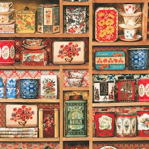 May include: A vintage-style shelf unit filled with colorful, patterned tin boxes and tea canisters. The shelves are decorated with floral and geometric designs. Some of the boxes have floral motifs, while others have geometric patterns. There are also some teacups and saucers on the shelves.