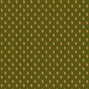 May include: A seamless pattern of small, stylized oak leaves in a golden yellow color on a dark green background.