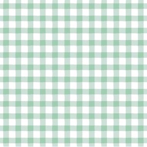 May include: A seamless pattern featuring a classic gingham design. The pattern consists of a grid of intersecting lines, creating a checkered effect. The squares alternate between white and a soft, muted green color.