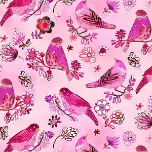 May include: A pink and white floral pattern with pink birds perched on branches. The background is a light pink color.