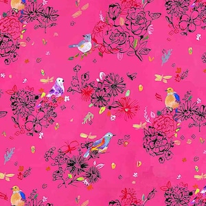 May include: A pink background with a repeating pattern of black floral designs and colorful birds. The birds are perched on branches and flowers. The flowers are in bloom and have a variety of colors, including red, yellow, and blue.