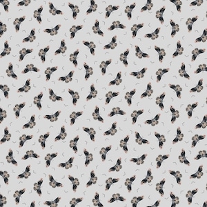May include: A repeating pattern of black and white butterflies with pink accents on a light gray background.