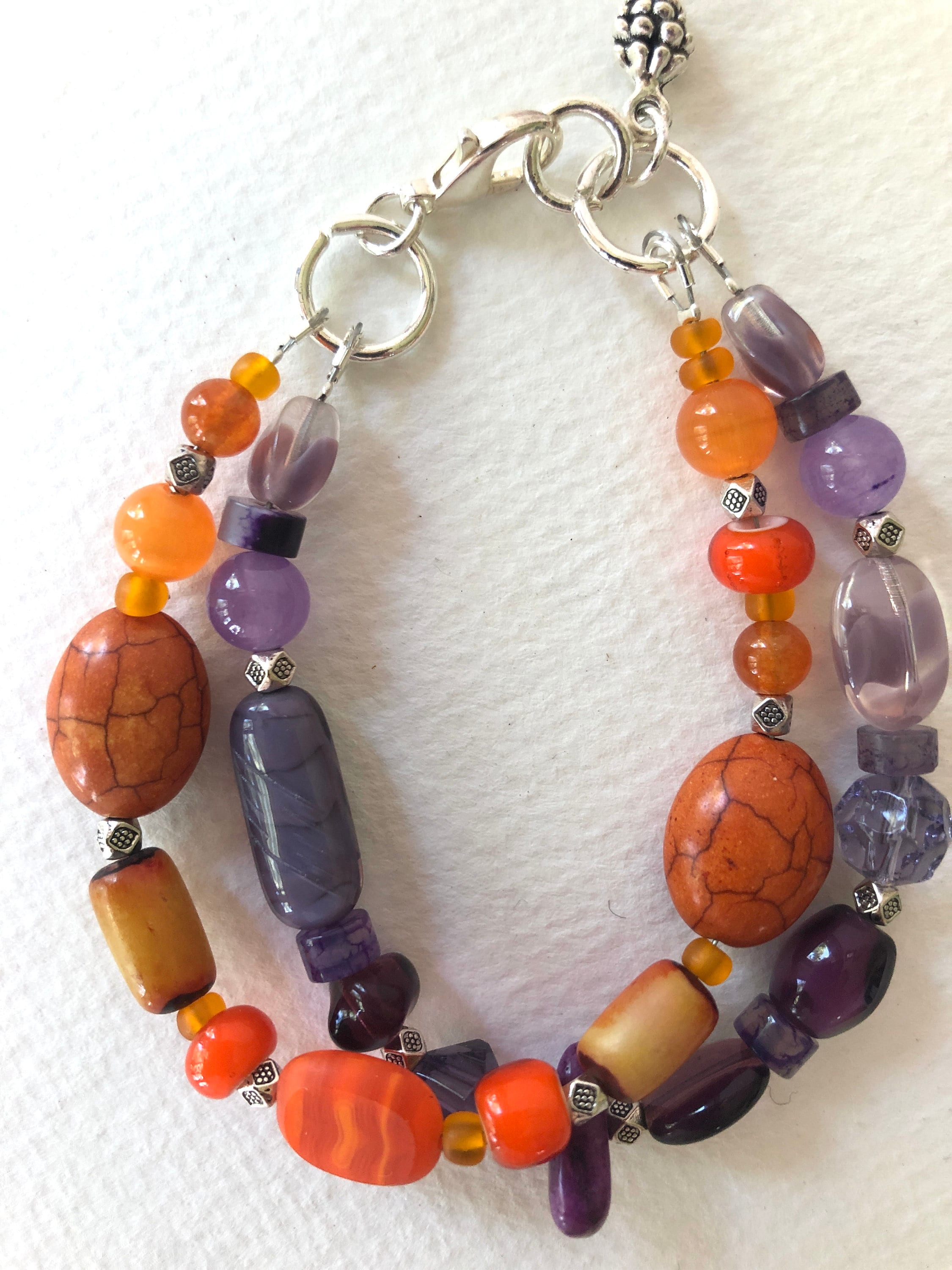 Double Strand, Beaded Bracelet for Women. Purple and Orange Bracelet